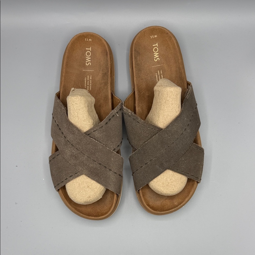 TOMS Sz 11 Women's Taupe Cross Strap Slides. No box.